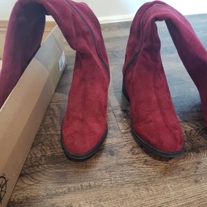 Red suede knee high boots